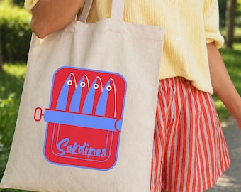 Sardines tote bag, Stoffbeutel Sardinen, Tasche Meer, Geschenk Freundin, Baumwolltasche, Stylische Tote Bag mit Retro Sardinen Design