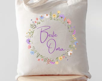 Beste Oma Tasche, Geschenk für Oma- Oma tote bag mit Blumenkranz, Muttertag Geschenk für Oma, Stofftasche Oma, floral Grandma gift