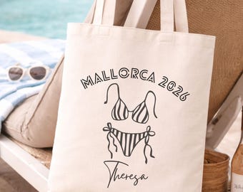 Mallorca 2026 Tote Bag, JGA Tasche personalisiert, Stoffbeutel Girls Trip mit Bikini, Tasche für Mädelstrip 2026 Mallorca, Tasche für Strand