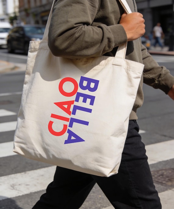 Ciao Bella Tote Bag, Italienische Stofftasche, Baumwolltasche mit Schriftzug, Geschenk für Freundin, Sommer Tasche, Minimalistisch