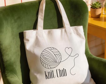 Knit Club Tote Bag, Stricktasche aus Baumwolle, Geschenk für Strickliebhaber, Knitting Club Tasche, Wollknäuel Shopper