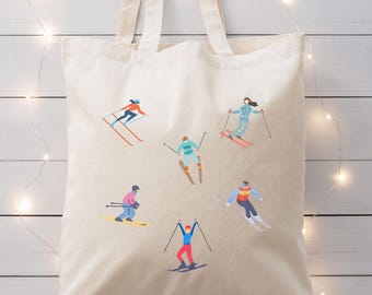 Skiing Tote Bag, Winter Sports, Cotton Shopper, Tasche Ski, Baumwolltasche Snowboard, Stoffbeutel Skifahrer, Geschenk Wintersport, Ski Fans