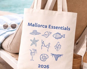 Mallorca Essentials Tote Bag, JGA Tasche personalisiert, Bachelorette Party Beutel Braut, Tasche für Mädelstrip 2026 Mallorca, Tasche Strand