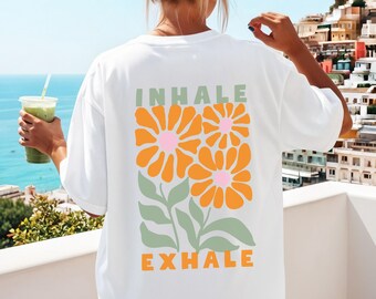 Inhale Exhale Girl T-Shirt, Oversize T-Shirt Damen mit Retro Design, Trendiges Casual Retro Tee, Geschenk für Frauen Shirt, Yoga und Pilates