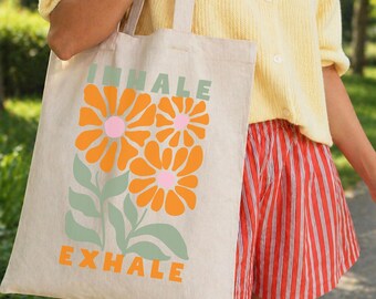 Inhale Exhale  Tote Bag, Spiritual Gift, Geschenk Freundin,  Stofftasche für Yoga, Meditationstasche mit Flower Design, Retro Print