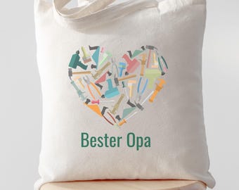 Bester Opa Tasche, Geschenk für Opa, Baumwollbeutel mit Herz Motiv, Geschenkidee Grossvater, Tasche Werkzeuge