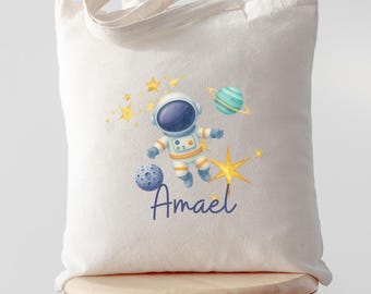 Personalisierte Kinder Tasche Astronaut, Tote Bag mit Namen Weltraum, süsse Stofftasche Kindergarten Junge, Geschenk Kind personalisiert