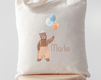Personalisierte Kinder Stofftasche mit Namen, Bär mit Ballons, Kindergarten Tasche, Baumwollbeutel für Kita, Schule, Kindergarten