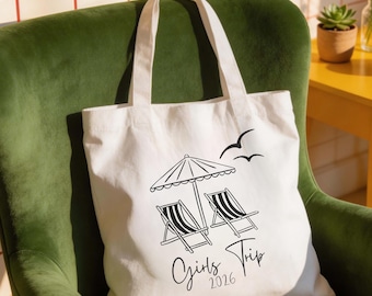 Girls Trip Tote Bag, JGA Tasche personalisiert, Bachelorette Party Beutel Braut, Tasche für Mädelstrip 2026 Mallorca, Tasche für Strand