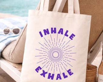 Inhale Exhale  Tote Bag, Spiritual Gift, Geschenk Freundin,  Stofftasche für Yoga, Meditationstasche mit Sunburst Design, Retro Print