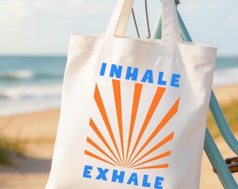 Inhale Exhale  Tote Bag, Spiritual Gift, Geschenk Freundin,  Stofftasche für Yoga, Meditationstasche mit Sunburst Design, Retro Print