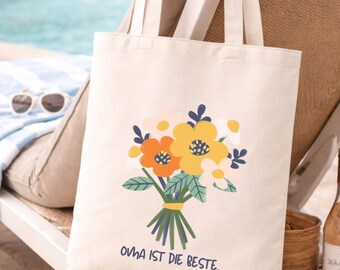 Oma ist die Beste Tasche mit Blumen, Geschenk für Oma, Muttertag Oma, Stofftasche floral, Tasche für Grossmutter, Stoffbeutel Blumenstrauss