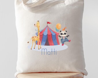 Personalisierte Kinder Tote bag mit Namen, Zirkus Tiere Tasche Panda und Giraffe, süsse Stofftasche für Kinder, Geschenk Kindergarten Schule