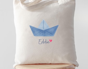 Personalisierte Kinder Tasche mit Namen, Papierboot Tote Bag, Maritime Stofftasche Kinder, Geschenk Junge Mädchen Kindergarten Schule Kita