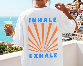 Inhale Exhale Girl T-Shirt, Oversize T-Shirt Damen mit Retro Design, Trendiges Casual Retro Tee, Geschenk für Frauen Shirt, Yoga und Pilates