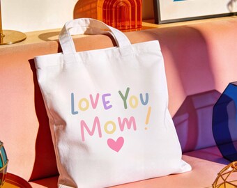 Love You Mom Tasche mit Herz, Geschenk für Mama, Baumwolltasche bunt, Muttertag Geschenk, Mom Tote Bag, nachhaltige Einkaufstasche