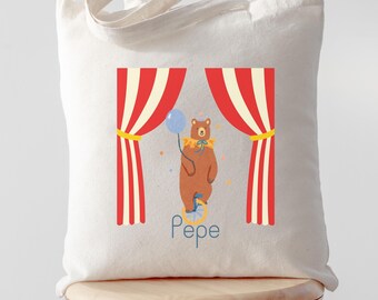 Personalisierte Kindertasche Zirkus Bär, Tasche mit Namen, Kita Tasche Jungen/Mädchen, Kinder Shopper, Geschenk Kindergarten, Stoffbeutel