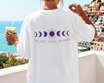 Trust Your Phases T-Shirt Damen, Mondphasen Shirt, Boho T-Shirt, Spiritual Shirt, Moon Phase Tee, Geschenk für Frauen