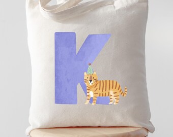 Personalisierte Tote bag mit Buchstabe und Tiger, süsse Stofftasche mit Initiale für Kinder, Baumwolltasche für Kindergarten, Schule, Kita