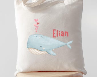 Personalisierte Kinder Tasche Wal, Tote Bag mit Namen, Süsse Stofftasche Baby Kindergarten, Geschenk Geburt Taufe personalisiert