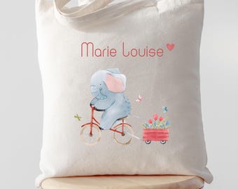 Personalisierte Kindertasche mit Namen, Elefant auf Fahrrad tote bag, süsse Stofftasche Mädchen, Geschenk Kindergarten Schule Baby