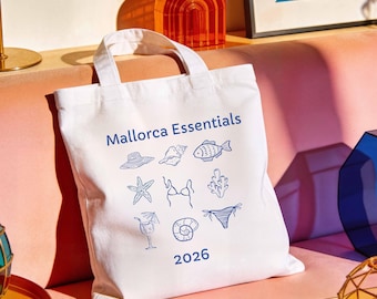 Mallorca Essentials Tote Bag, JGA Tasche personalisiert, Bachelorette Party Beutel Braut, Tasche für Mädelstrip 2026 Mallorca, Tasche Strand