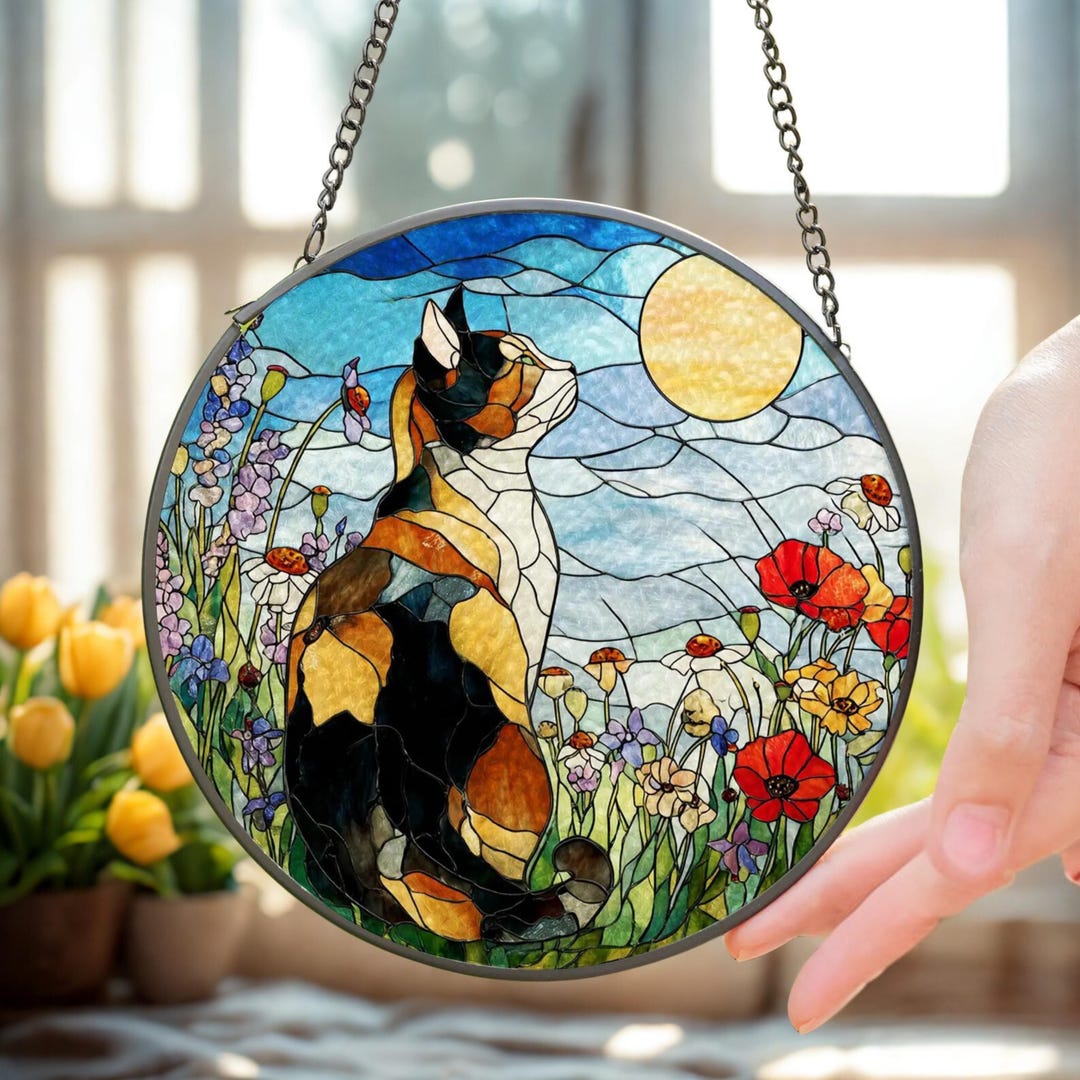 Cat Stained Glass Suncatcher, Calico Cat Window Hanging Decor, Cat ...