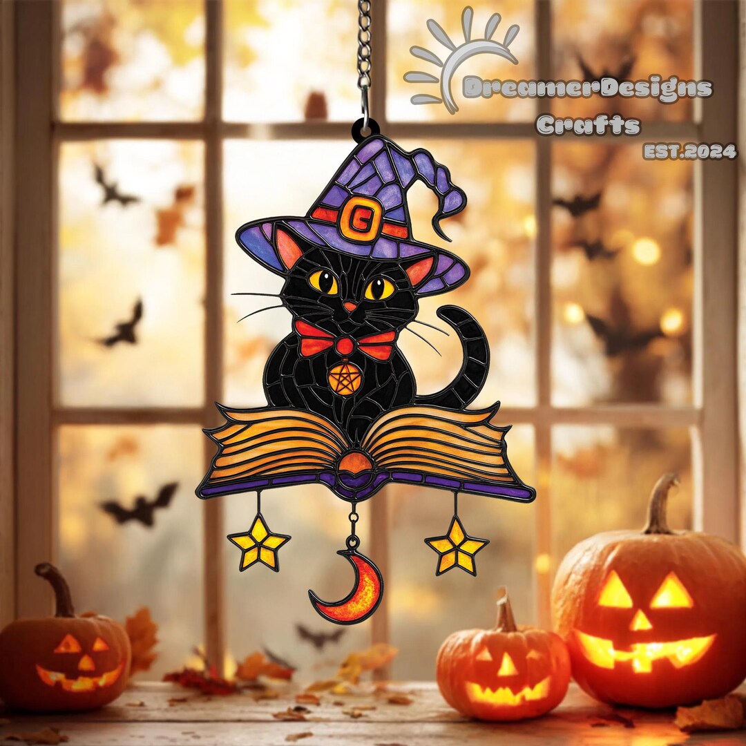Witch Cat Suncatcher, Black Cat Stained Glass Window Hanging, Halloween ...