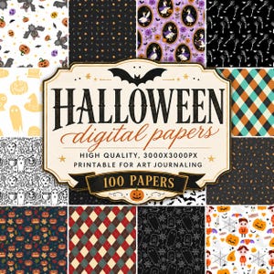 Può includere: Una collezione di 100 carte digitali di Halloween con vari motivi tra cui pipistrelli, zucche, fantasmi, scheletri e disegni a quadri. L'etichetta centrale mostra il testo HALLOWEEN digital papers, 3000x3000px, e 100 PAPERS.