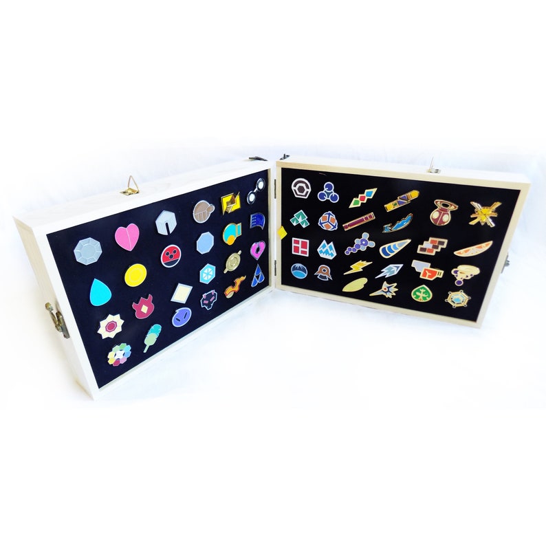 Set of 50 Pokemon Gym Badges Pins in Pine Wood Box - Kanto Gym Badges, Johto Gym Badges, Hoenn Gym Badges, Sinnoh Gym, Unova Gym, Kalos Gym