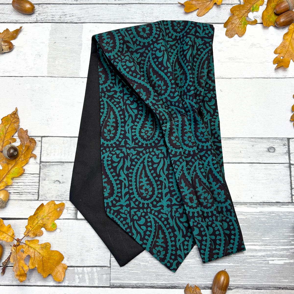 Hand-Printed Green Paisley Cravat: Men's Cotton Self-Tie Day Cravat - Handmade in the UK
