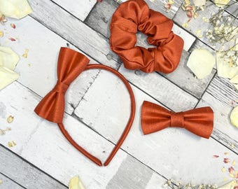 Bridesmaid Hair Accessories - Rust Bows, Headbands, Scrunchies - Bridal Party Burnt Orange Wedding Hair Clips