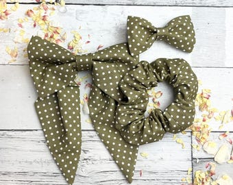 Moss Green Dotty Hair Accessories: Cotton Ditsy Polka-Dot Bow Scrunchie - Handmade Hair Bows