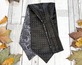 Gravata de seda feita à mão – Ascot preto de bolinhas e estampa paisley, conjunto de lenço de bolso