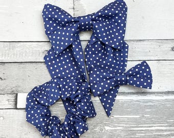 Blue Dotty Hair Accessories: Cotton Ditsy Polka-Dot Bow Scrunchie - Handmade Hair Bows