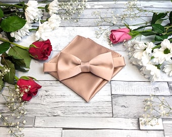 Acessórios de casamento em cetim taupe: gravatas, laços, gravatas borboleta e abotoaduras combinando.