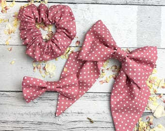 Antique Rose Dotty Hair Accessories: Cotton Ditsy Polka-Dot Bow Scrunchie - Handmade Hair Bows