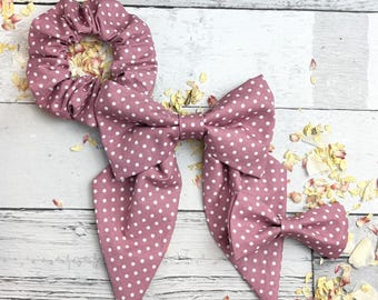 Dusky Pink Dotty Hair Accessories: Cotton Ditsy Polka-Dot Bow Scrunchie - Handmade Hair Bows