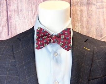 Square Tiles on Red Silk Self-Tie - Handmade Bow Tie - Adjustable Neck Sizing