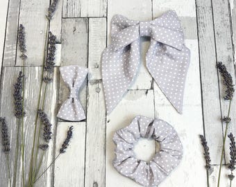 Dove Grey Dotty Hair Accessories: Cotton Ditsy Polka-Dot Bow Scrunchie - Handmade Hair Bows