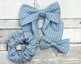 Light Blue Dotty Hair Accessories: Cotton Ditsy Polka-Dot Bow Scrunchie - Handmade Hair Bows