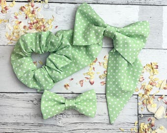 Pistachio Dotty Hair Accessories: Cotton Ditsy Polka-Dot Bow Scrunchie - Handmade Hair Bows