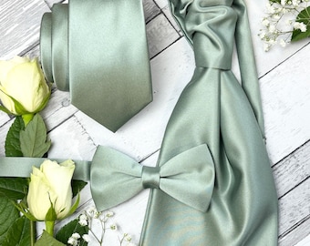 Gravatas de cetim verde sálvia para padrinhos: Conjunto para presente - Gravata de casamento, gravata borboleta e gravata de laço