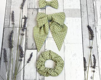 Sage Dotty Hair Accessories: Cotton Ditsy Polka-Dot Bow Scrunchie - Handmade Hair Bows