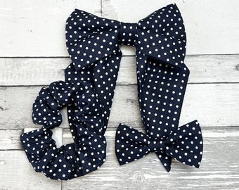 Navy Blue Dotty Hair Accessories: Cotton Ditsy Polka-Dot Bow Scrunchie - Handmade Hair Bows