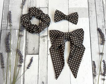 Chocolate Brown Dotty Hair Accessories: Cotton Ditsy Polka-Dot Bow Scrunchie - Handmade Hair Bows
