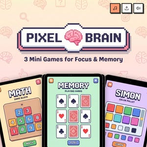 Può includere: Un'interfaccia digitale per Pixel Brain con tre minigiochi per la concentrazione e la memoria. Lo schermo mostra Math con blocchi numerati, Memory con carte da gioco e Simon con una tavolozza di colori, in stile pixel art.