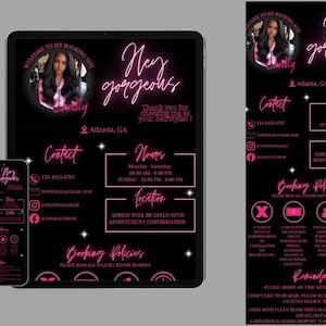 May include: A black digital template for booking services, displayed on a tablet and smartphone. The design features a photo, neon pink text, and contact information. The words "Hey gorgeous" are prominently displayed.