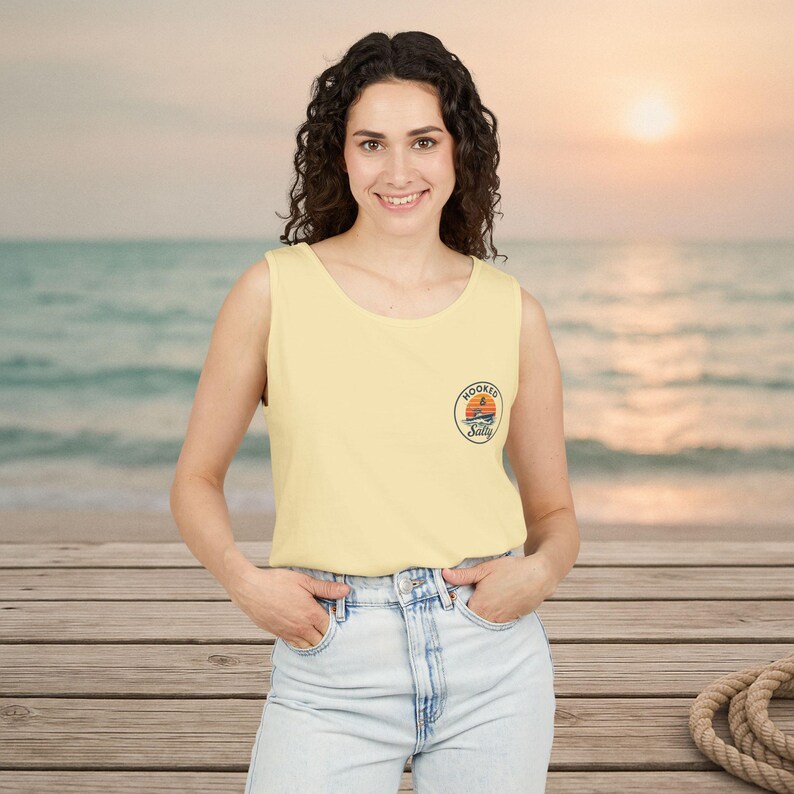 Unisex Beach Vibes Tank Top: Garment-Dyed Cotton, Hooked & Salty Design image 3
