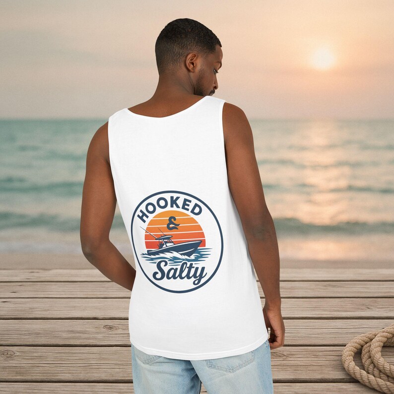 Unisex Beach Vibes Tank Top: Garment-Dyed Cotton, Hooked & Salty Design image 10